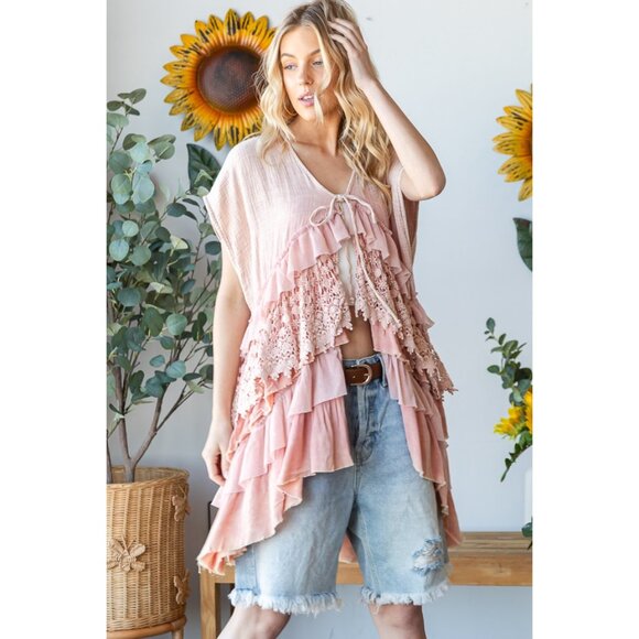 Oli & Hali Washed Lace Tiered Tie Front Detail Sleeveless Top NEW Size XL - Picture 3 of 7